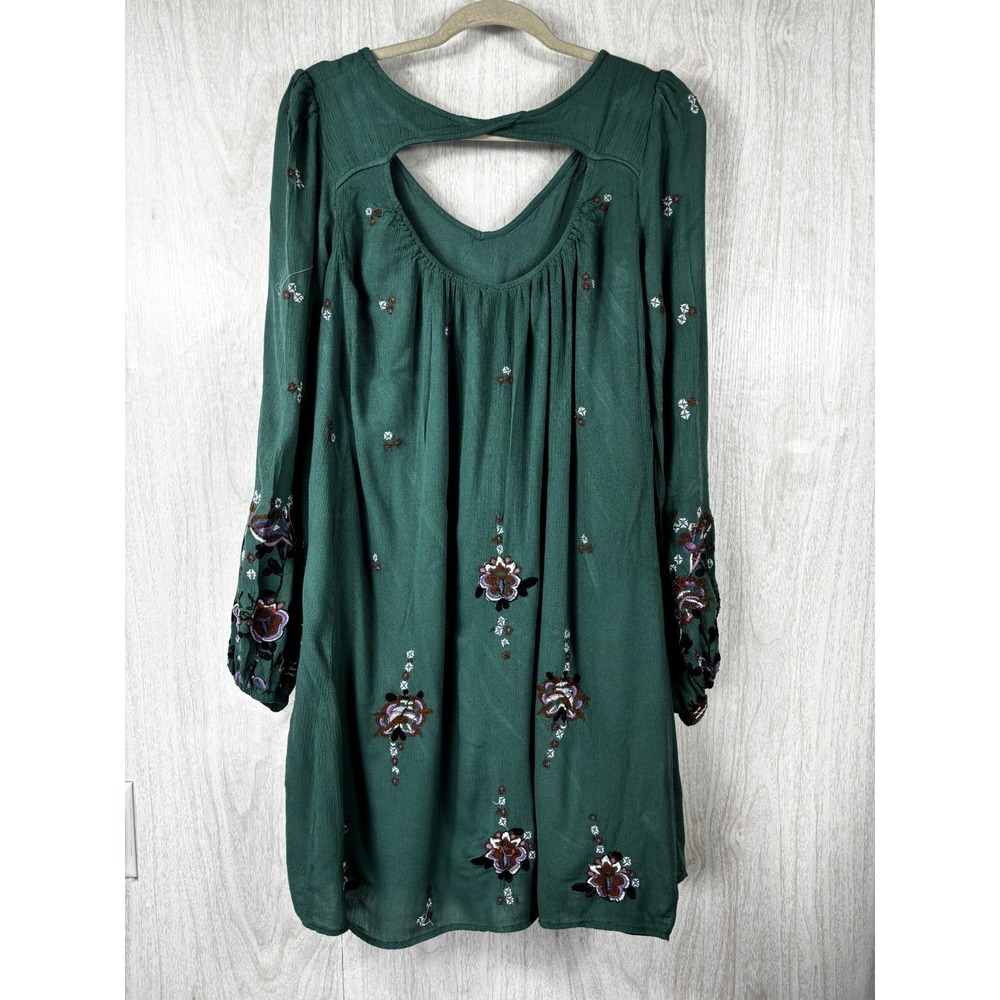Free People Oxford Mini Dress Womens L Green Embroidered Open Back Boho - Picture 3 of 8